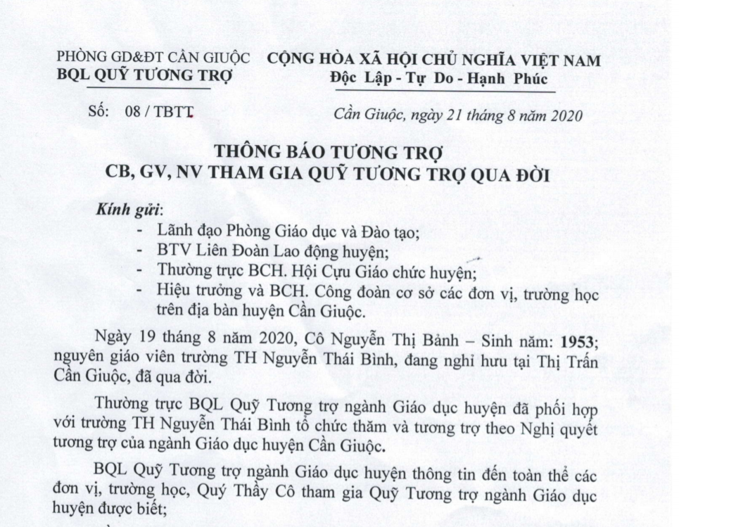 Thông báo tương trợ cô Nguyễn Thị Bảnh, GV nghỉ hưu Thị trấn Cần Giuộc qua đời