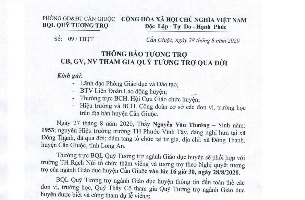 Thông báo tương trợ Thầy Nguyễn Văn Thường, GV nghỉ hưu xã Đông Thạnh qua đời
