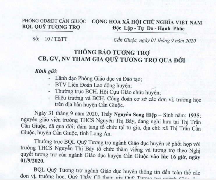 Thông báo tương trợ Thầy Nguyễn Song Hiệp, GV nghỉ hưu Thị trấn Cần Giuộc qua đời